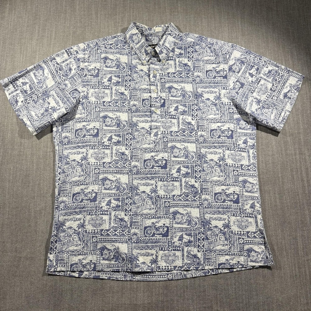Harley-Davidson Shirt Mens Large Blue Hawaiian Motorcycle Graphic Button Up